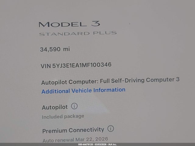 Aukcja sprzedaży 2021 Tesla Model 3 Standard Range Plus Rear-wheel Drive, vin: 5YJ3E1EA1MF100346, numer aukcji: 44476128