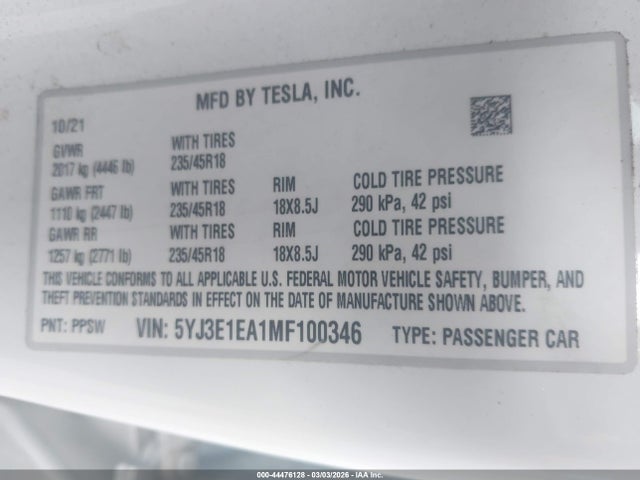 Aukcja sprzedaży 2021 Tesla Model 3 Standard Range Plus Rear-wheel Drive, vin: 5YJ3E1EA1MF100346, numer aukcji: 44476128