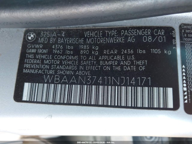 44476133 :رقم المزاد ، WBAAN37411NJ14171 vin ، 2001 Bmw 325i مزاد بيع