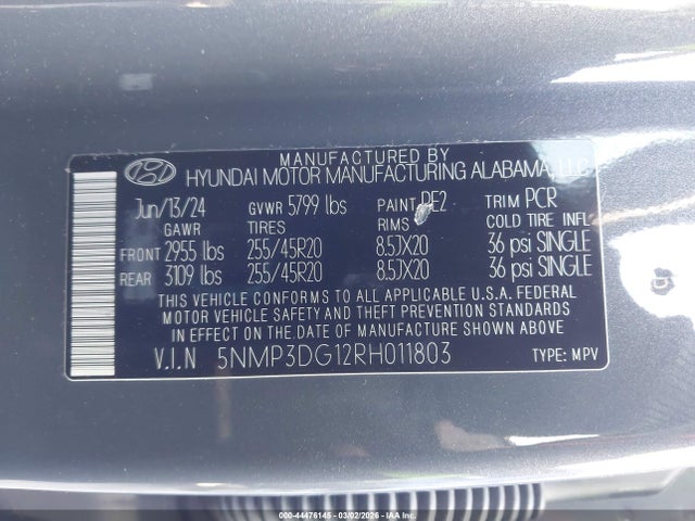2024 Hyundai Santa Fe Hybrid Limited მანქანა იყიდება აუქციონზე, vin: 5NMP3DG12RH011803, აუქციონის ნომერი: 44476145