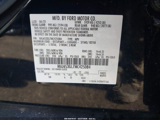 Продаж на аукціоні авто 2021 Ford Ecosport Se, vin: MAJ6S3GL7MC425084, номер лоту: 44476147