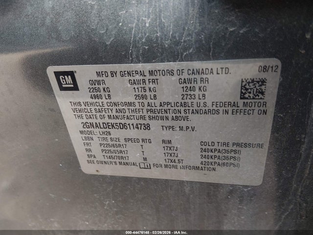 44476148 :رقم المزاد ، 2GNALDEK5D6114738 vin ، 2013 Chevrolet Equinox 1lt مزاد بيع