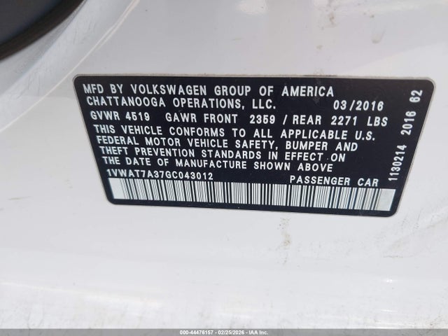1VWAT7A37GC043012 Volkswagen Passat 1.8t S