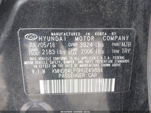 KMHD84LF0HU249884 Hyundai Elantra Value Edition