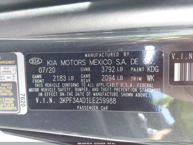 Aukcja sprzedaży 2020 Kia Forte Gt-line, vin: 3KPF34AD1LE259988, numer aukcji: 44476219