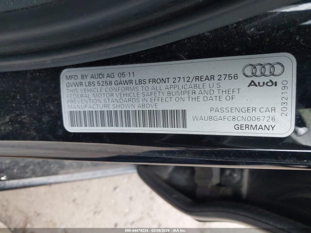 44476224 :رقم المزاد ، WAUBGAFC8CN006726 vin ، 2012 Audi A6 3.0 Premium مزاد بيع