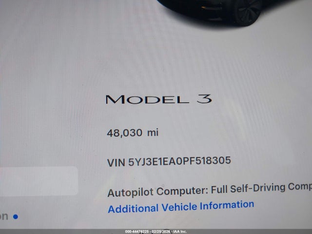 44476225 :رقم المزاد ، 5YJ3E1EA0PF518305 vin ، 2023 Tesla Model 3 Rear-wheel Drive مزاد بيع
