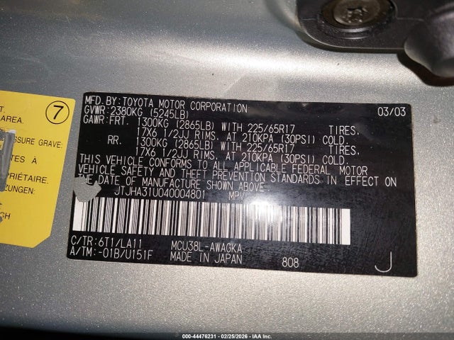 44476231 :رقم المزاد ، JTJHA31UO40004801 vin ، 2004 Lexus Rx 330 مزاد بيع