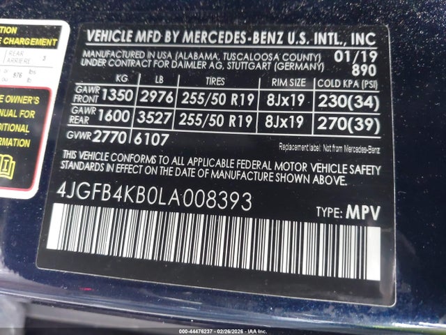 44476237 :رقم المزاد ، 4JGFB4KB0LA008393 vin ، 2020 Mercedes-benz Gle 350 4matic مزاد بيع