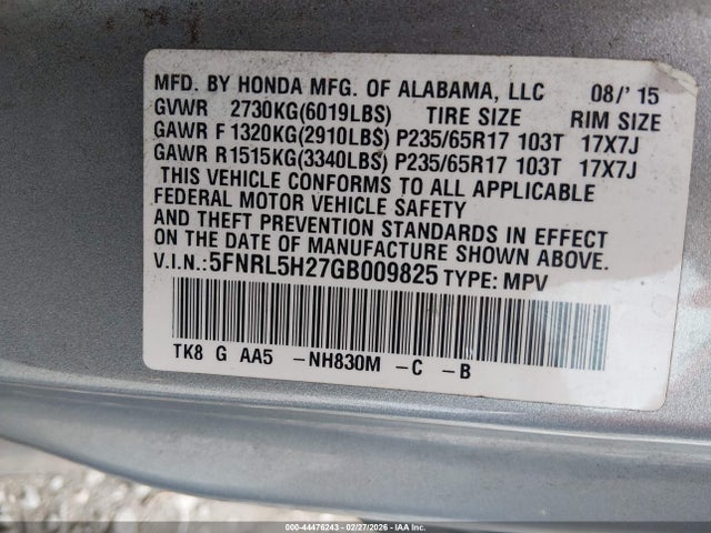 5FNRL5H27GB009825 Honda ODYSSEY LX