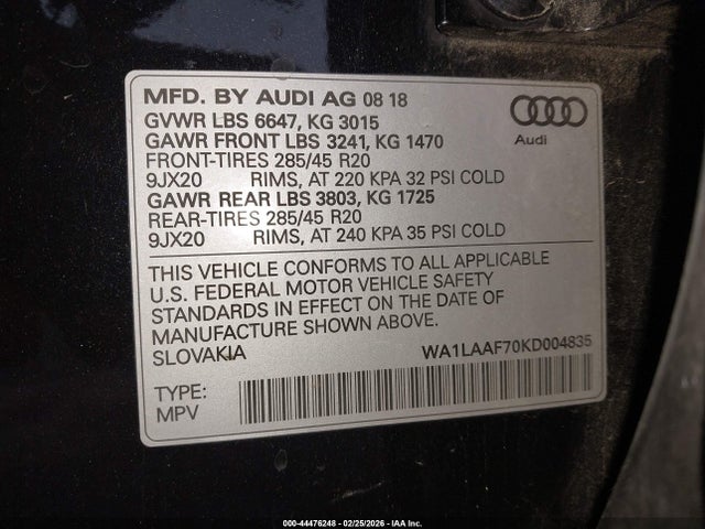 2019 Audi Q7 55 Premium/55 Se Premium მანქანა იყიდება აუქციონზე, vin: WA1LAAF70KD004835, აუქციონის ნომერი: 44476248