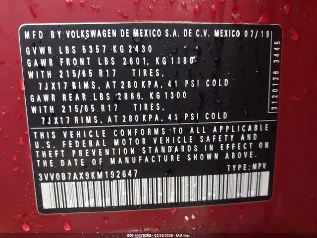 3VV0B7AX9KM192647 Volkswagen Tiguan 2.0t S