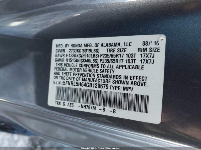Aukcja sprzedaży 2016 Honda Odyssey Ex-l, vin: 5FNRL5H64GB129679, numer aukcji: 44476282