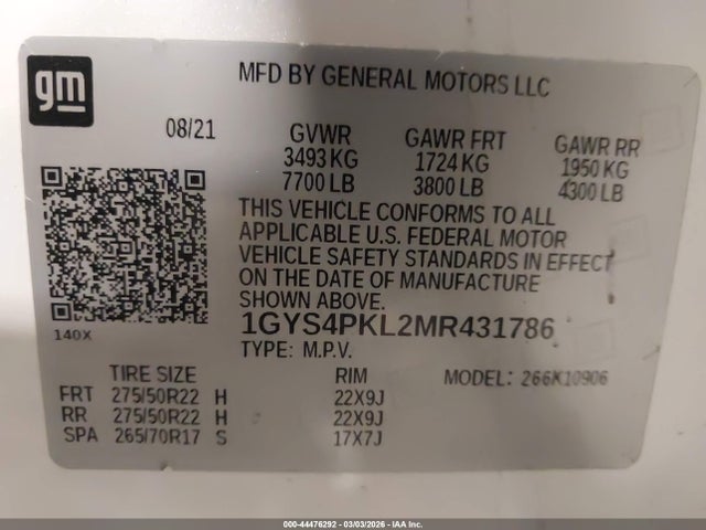 2021 Cadillac Escalade Esv 4wd Sport მანქანა იყიდება აუქციონზე, vin: 1GYS4PKL2MR431786, აუქციონის ნომერი: 44476292