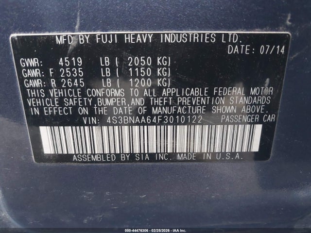 Продажа на аукционе авто 2015 Subaru Legacy 2.5i, vin: 4S3BNAA64F3010122, номер лота: 44476306