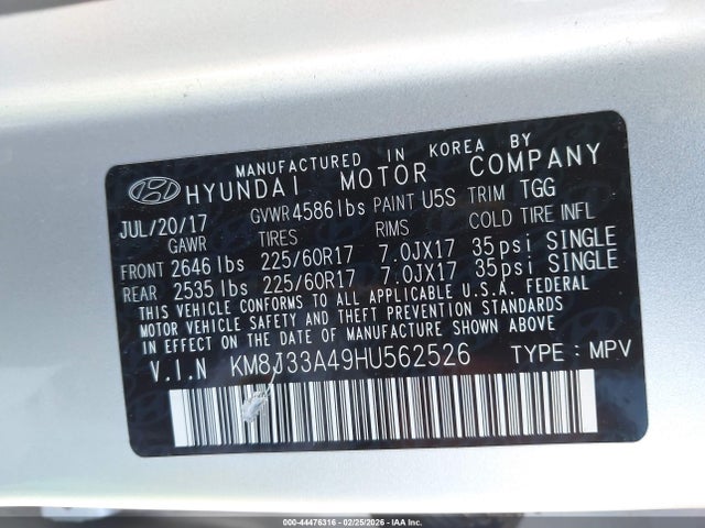 KM8J33A49HU562526 Hyundai TUCSON SE