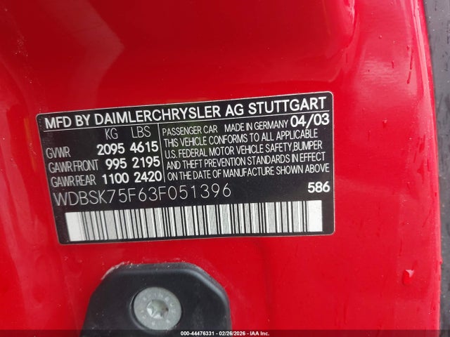 2003 MERCEDES-BENZ SL 500 WDBSK75F63F051396 Photo 8