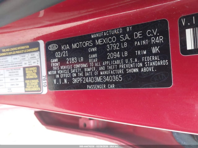 44476338 :رقم المزاد ، 3KPF24AD3ME340365 vin ، 2021 Kia Forte Lxs مزاد بيع