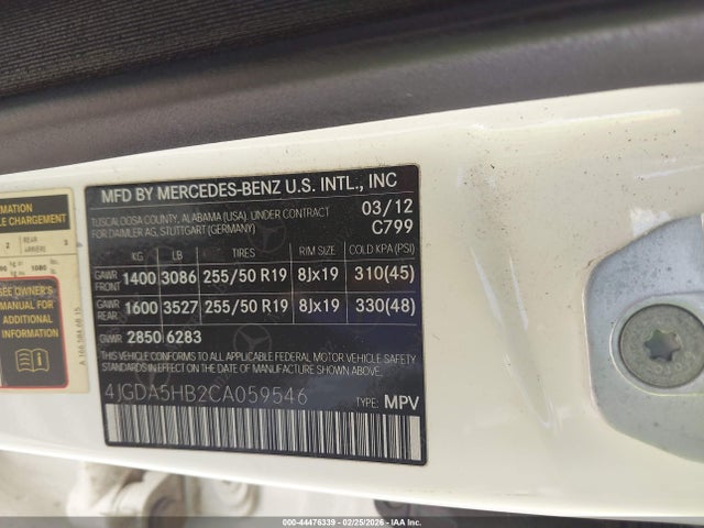 44476339 :رقم المزاد ، 4JGDA5HB2CA059546 vin ، 2012 Mercedes-benz Ml 350 4matic مزاد بيع