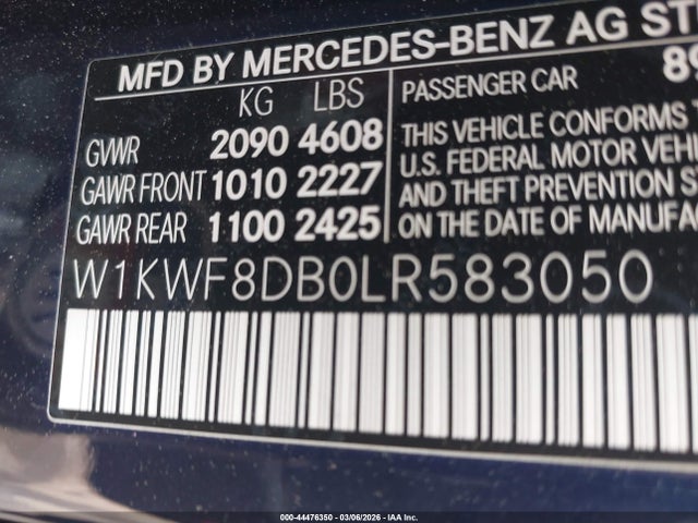 Продаж на аукціоні авто 2020 Mercedes-benz C 300, vin: W1KWF8DB0LR583050, номер лоту: 44476350