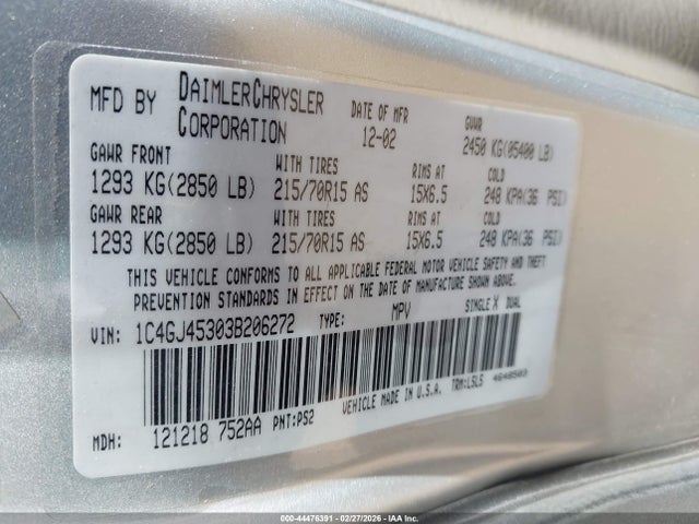 Продаж на аукціоні авто 2003 Chrysler Voyager Lx, vin: 1C4GJ45303B206272, номер лоту: 44476391