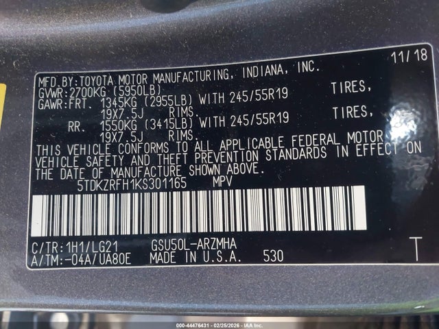 5TDKZRFH1KS301165 Toyota Highlander Se