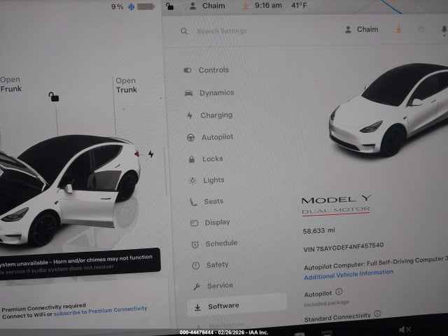 44476444 :رقم المزاد ، 7SAYGDEF4NF457540 vin ، 2022 Tesla Model Y Performance Dual Motor All-wheel Drive مزاد بيع