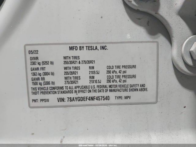 44476444 :رقم المزاد ، 7SAYGDEF4NF457540 vin ، 2022 Tesla Model Y Performance Dual Motor All-wheel Drive مزاد بيع