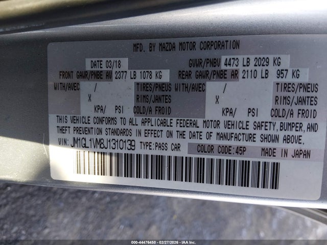 2018 Mazda Mazda6 Touring მანქანა იყიდება აუქციონზე, vin: JM1GL1VM8J1310139, აუქციონის ნომერი: 44476450