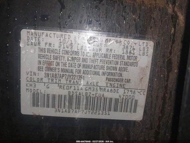 2018 Nissan Sentra S მანქანა იყიდება აუქციონზე, vin: 3N1AB7AP7JY221351, აუქციონის ნომერი: 44476446