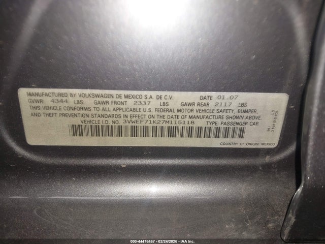 Aukcja sprzedaży 2007 Volkswagen Jetta Wolfsburg Edition, vin: 3VWEF71K27M115118, numer aukcji: 44476467