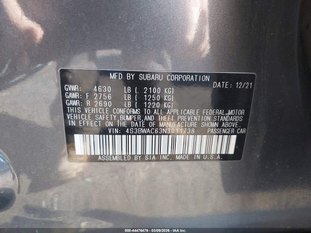 44476476 :رقم المزاد ، 4S3BWAC63N3011738 vin ، 2022 Subaru Legacy Premium مزاد بيع