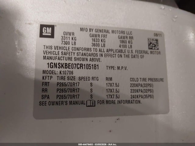 2012 Chevrolet Tahoe Lt მანქანა იყიდება აუქციონზე, vin: 1GNSKBE07CR105181, აუქციონის ნომერი: 44476483