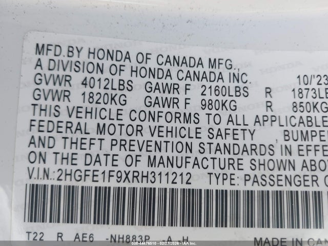 2HGFE1F9XRH311212 Honda Civic Touring