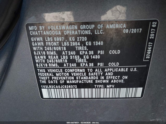 Продажа на аукционе авто 2018 Volkswagen Atlas 3.6l V6 Se/3.6l V6 Se W/technology, vin: 1V2LR2CA0JC526372, номер лота: 44476531