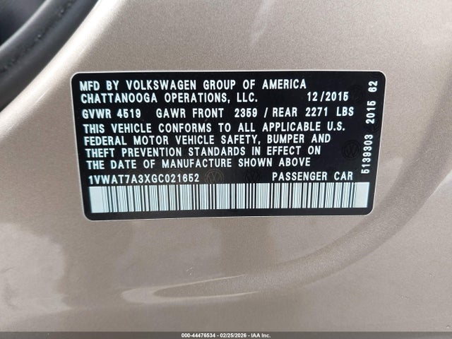 Продаж на аукціоні авто 2016 Volkswagen Passat 1.8t S, vin: 1VWAT7A3XGC021652, номер лоту: 44476534