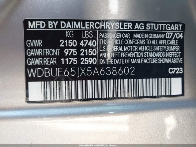 Продажа на аукционе авто 2005 Mercedes-benz E 320, vin: WDBUF65JX5A638602, номер лота: 44476538