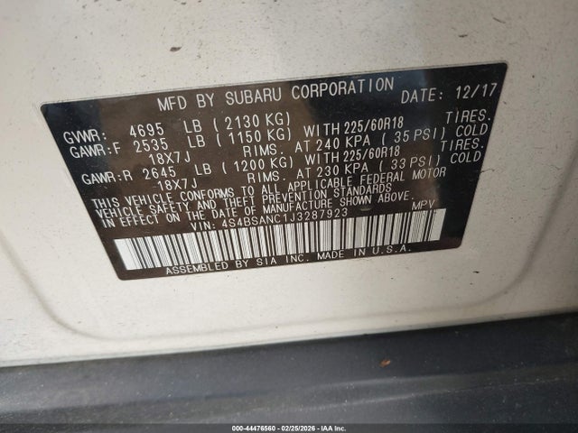 Aukcja sprzedaży 2018 Subaru Outback 2.5i Limited, vin: 4S4BSANC1J3287923, numer aukcji: 44476560