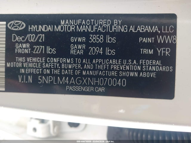 Aukcja sprzedaży 2022 Hyundai Elantra Sel, vin: 5NPLM4AGXNH070040, numer aukcji: 44476589