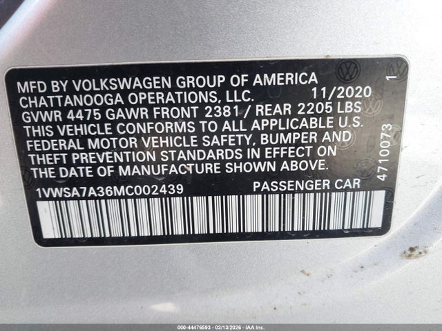Aukcja sprzedaży 2021 Volkswagen Passat 2.0t Se, vin: 1VWSA7A36MC002439, numer aukcji: 44476593