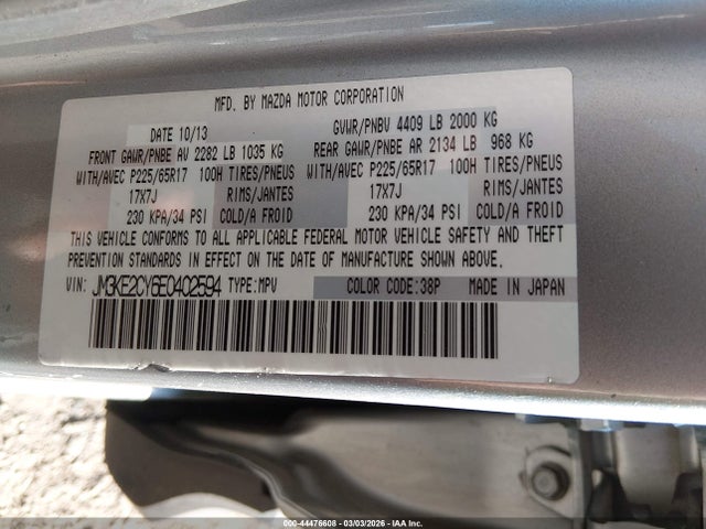 Aukcja sprzedaży 2014 Mazda Cx-5 Touring, vin: JM3KE2CY6E0402594, numer aukcji: 44476608