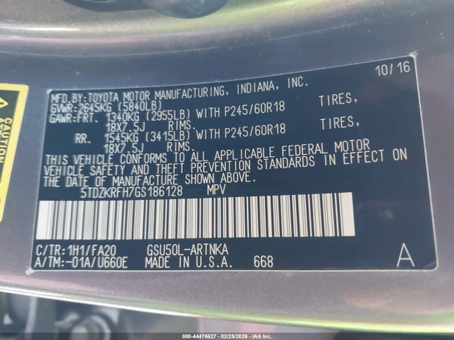 5TDZKRFH7GS186128 Toyota Highlander Le Plus V6