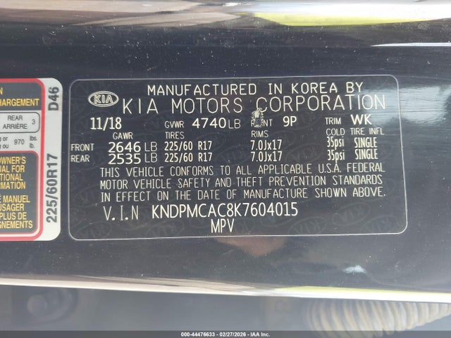 44476633 :رقم المزاد ، KNDPMCAC8K7604015 vin ، 2019 Kia Sportage Lx مزاد بيع