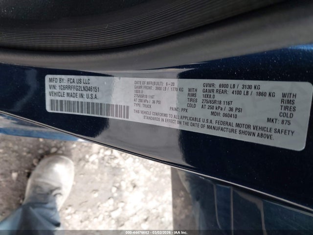 2020 Ram 1500 Big Horn  4x4 5'7 Box მანქანა იყიდება აუქციონზე, vin: 1C6RRFFG2LN346151, აუქციონის ნომერი: 44476682