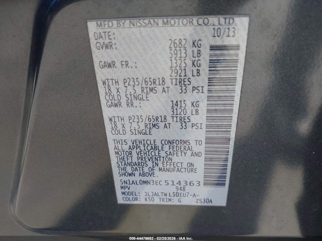 Aukcja sprzedaży 2014 Infiniti Qx60, vin: 5N1AL0MN3EC514363, numer aukcji: 44476692