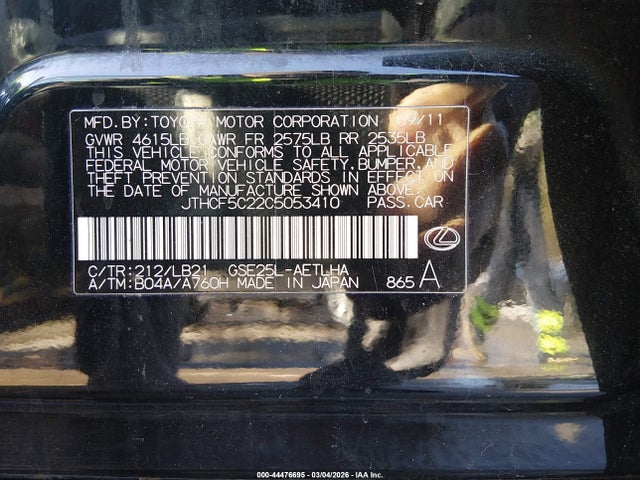 Aukcja sprzedaży 2012 Lexus Is 250, vin: JTHCF5C22C5053410, numer aukcji: 44476695