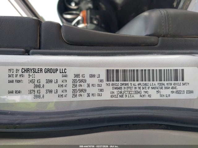 44476708 :رقم المزاد ، 1C4RJFCT3CC135943 vin ، 2012 Jeep Grand Cherokee Overland مزاد بيع