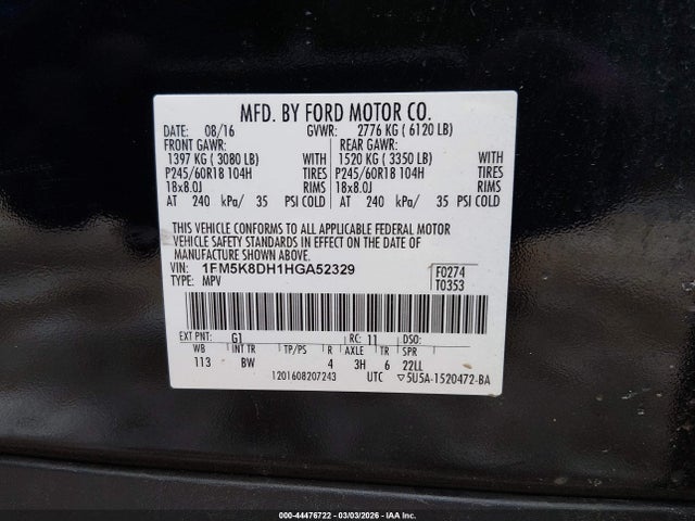 1FM5K8DH1HGA52329 Ford EXPLORER XLT