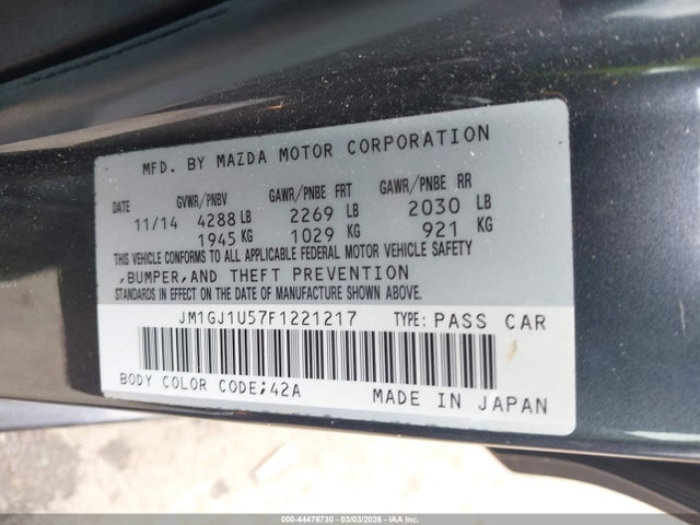 44476730 :رقم المزاد ، JM1GJ1U57F1221217 vin ، 2015 Mazda Mazda6 I Sport مزاد بيع