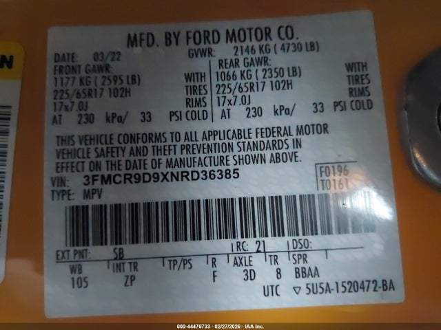 Продаж на аукціоні авто 2022 Ford Bronco Sport Badlands, vin: 3FMCR9D9XNRD36385, номер лоту: 44476733